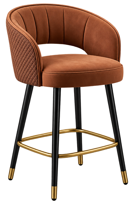 Cognac Quilted Bar Stool with Brass Accents