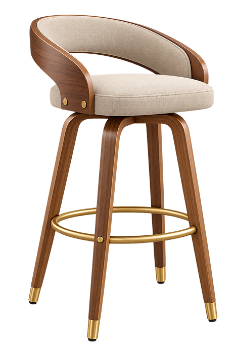 Walnut Upholstered Brass-Footrest Bar Stool