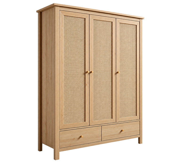 Light Oak Rattan 3-Door Wardrobe