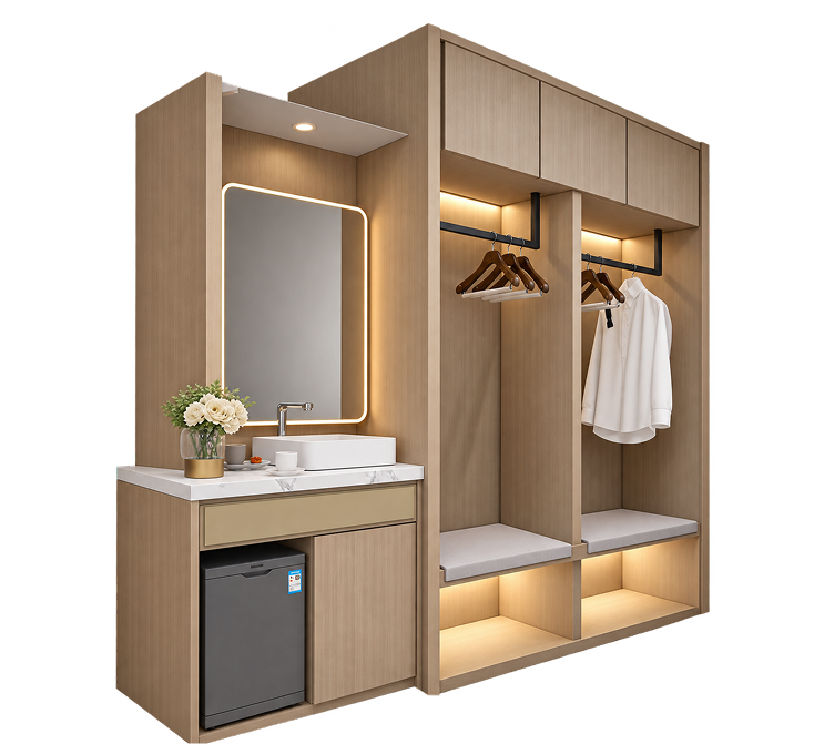 Modern Oak Hotel Wardrobe with LED Vanity Unit