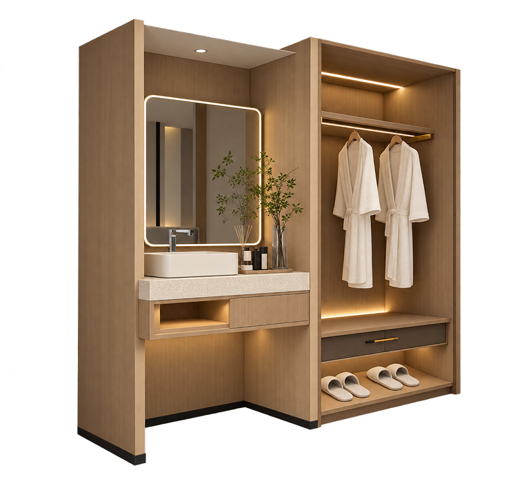 Modern Oak Hotel Vanity & Open Wardrobe Unit