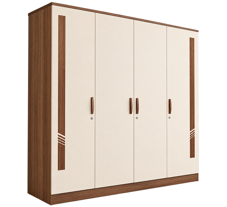 Modern Ivory & Walnut 4-Door Wardrobe