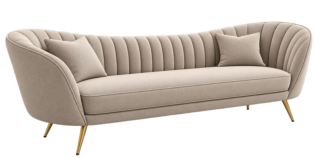 Curved Beige Channel-Tufted Sofa