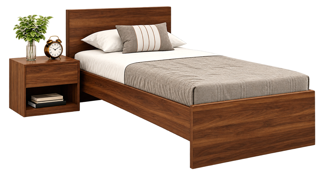 Modern Walnut Wooden Single Bed with Bedside Table